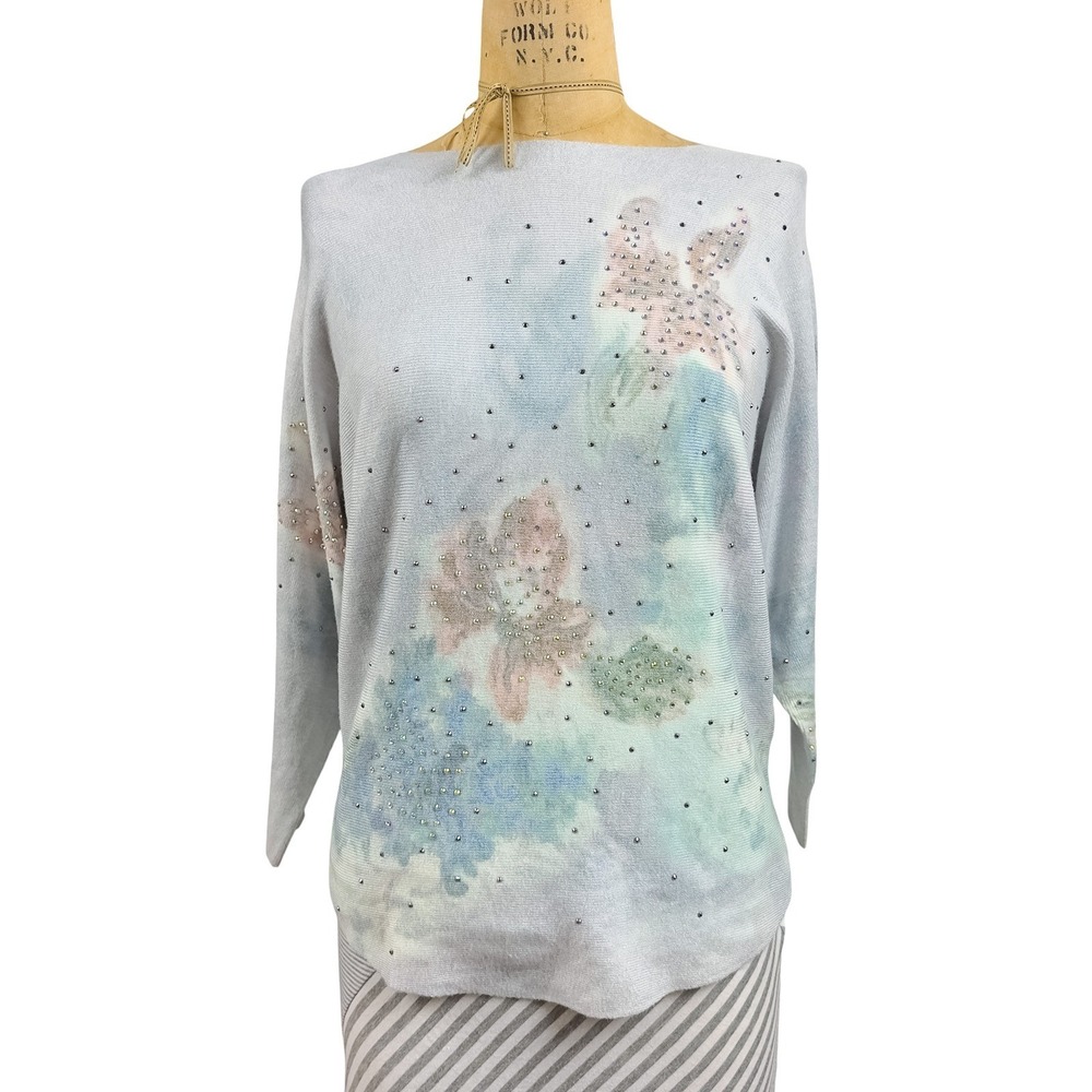Y2K Pastel Batwing Sleeve Sweater Rhinestone Butterfly Graphic Cozy Fairy S